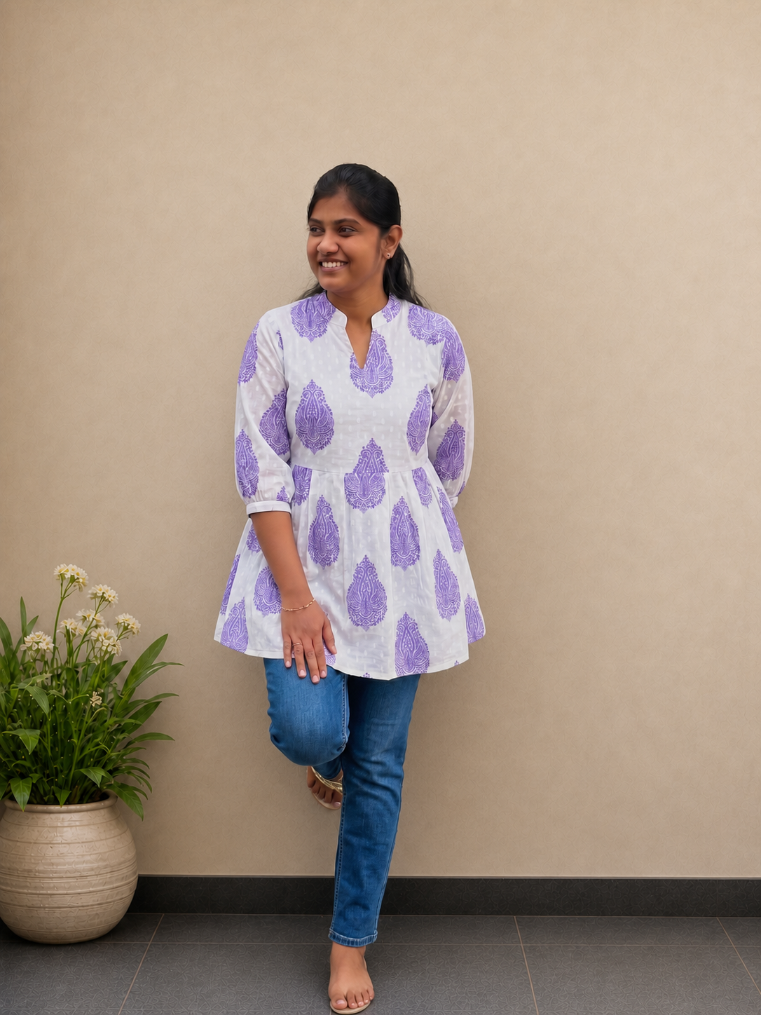 Lilac paisley print white cotton peplum top for women – front view – SIRUL