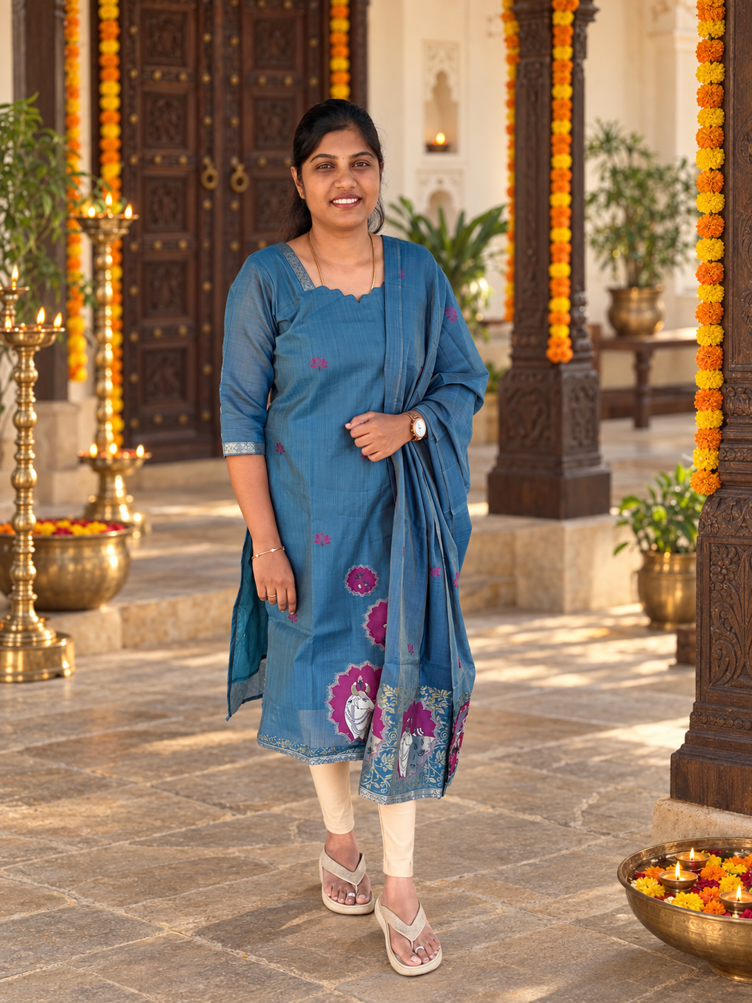 Blue festive salwar suit with printed border and matching dupatta, second view