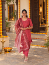 Maroon festive salwar suit with floral border dupatta, full front view