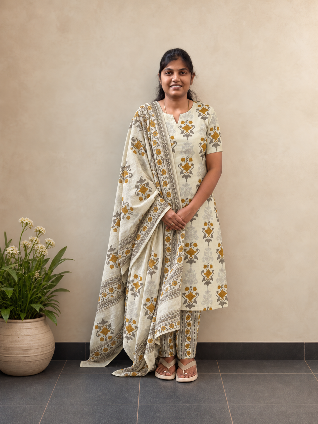 Ivory Jaipur cotton salwar set with mustard motifs, lined top and pant – SIRUL