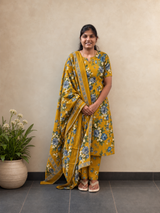 Mustard floral Jaipur cotton salwar set with lined top and pant – SIRUL