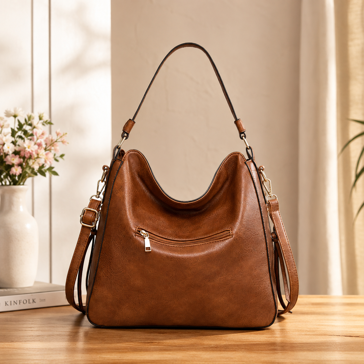Women’s Brown PU Leather Zipper Handbag – Medium Size