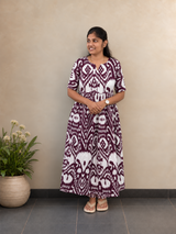 Burgundy Ikat cotton maxi dress for women by SIRUL - side view
