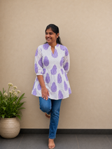 Lilac paisley print white cotton peplum top for women – front view – SIRUL