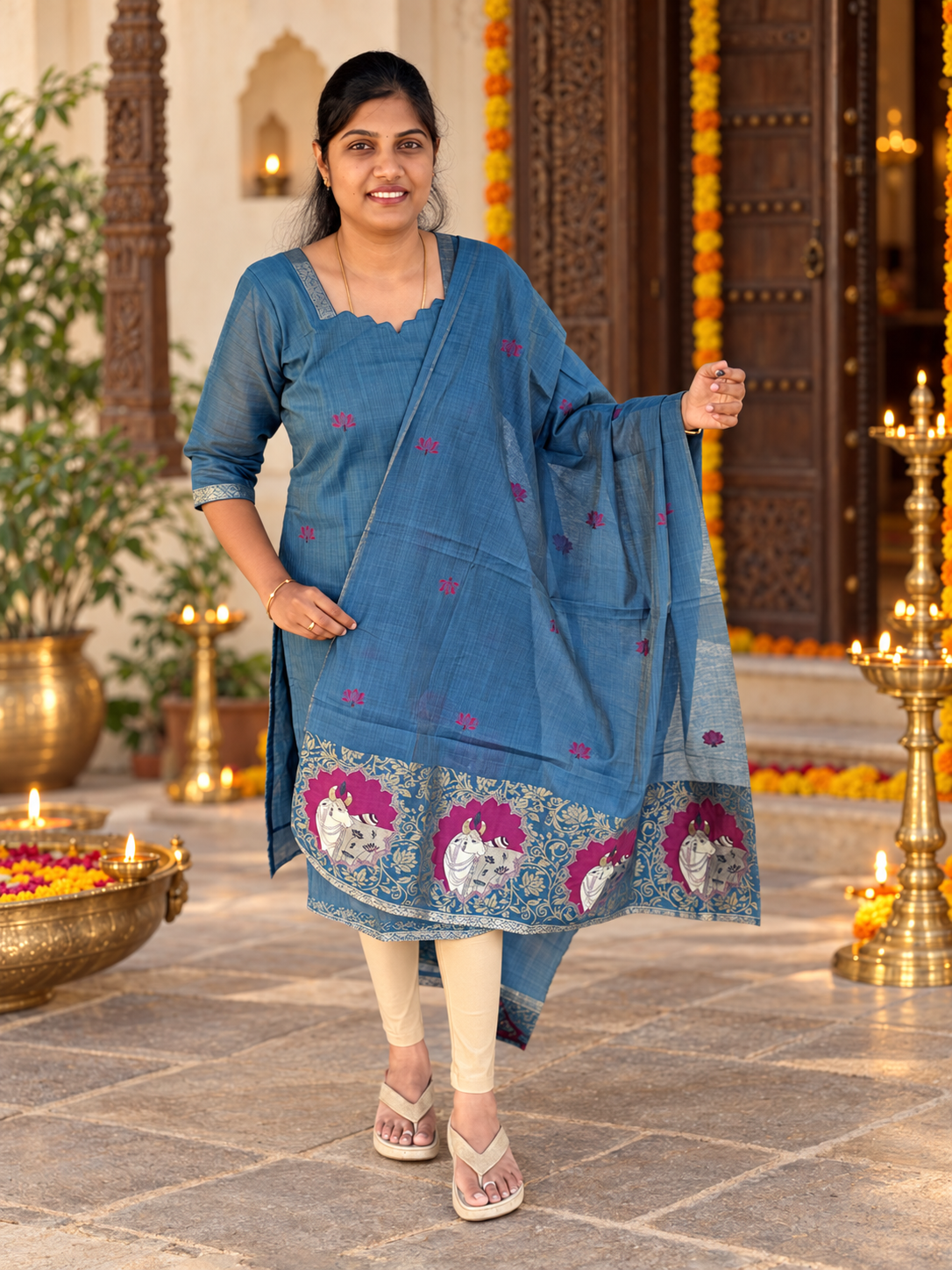 Blue festive salwar suit with printed cow motif border and matching dupatta, front view