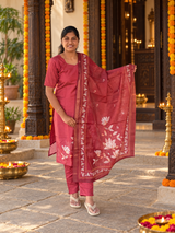 Maroon salwar suit with matching floral print dupatta spread open